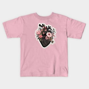 Black Goth Floral Anatomical Heart Kids T-Shirt